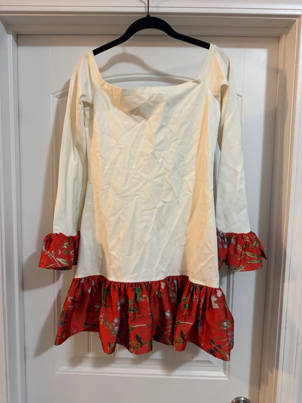 Women's Cream Long Sleeve Dress with Red Floral Ruffle